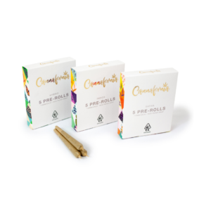 Cannafornia Pre-Rolls Packaging with Three Cannabis Joints Stacked Together