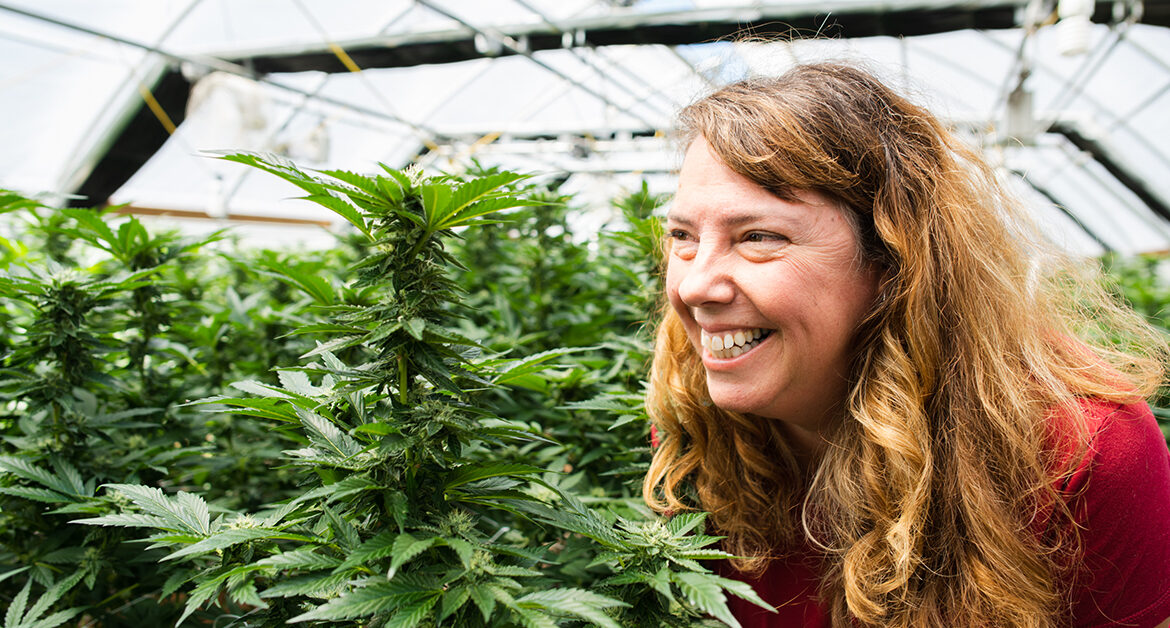 CannaSafe woman smiling at cannabis plant in greenhouse